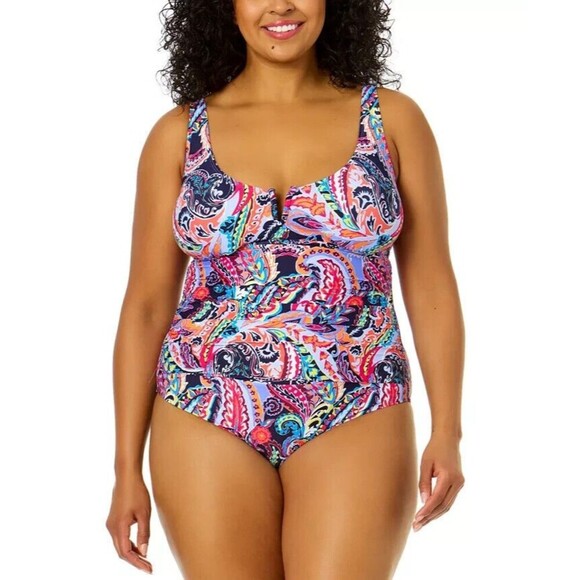 Anne Cole Women's Plus Size Notched Scoop-Neck One-Piece Swimsuit Multi 20W - Picture 1 of 7